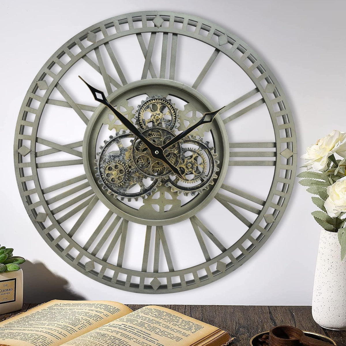 Wall Clock Oversized Industrial Steampunk 60CM Vintage Bronze Moving Gears Roman
