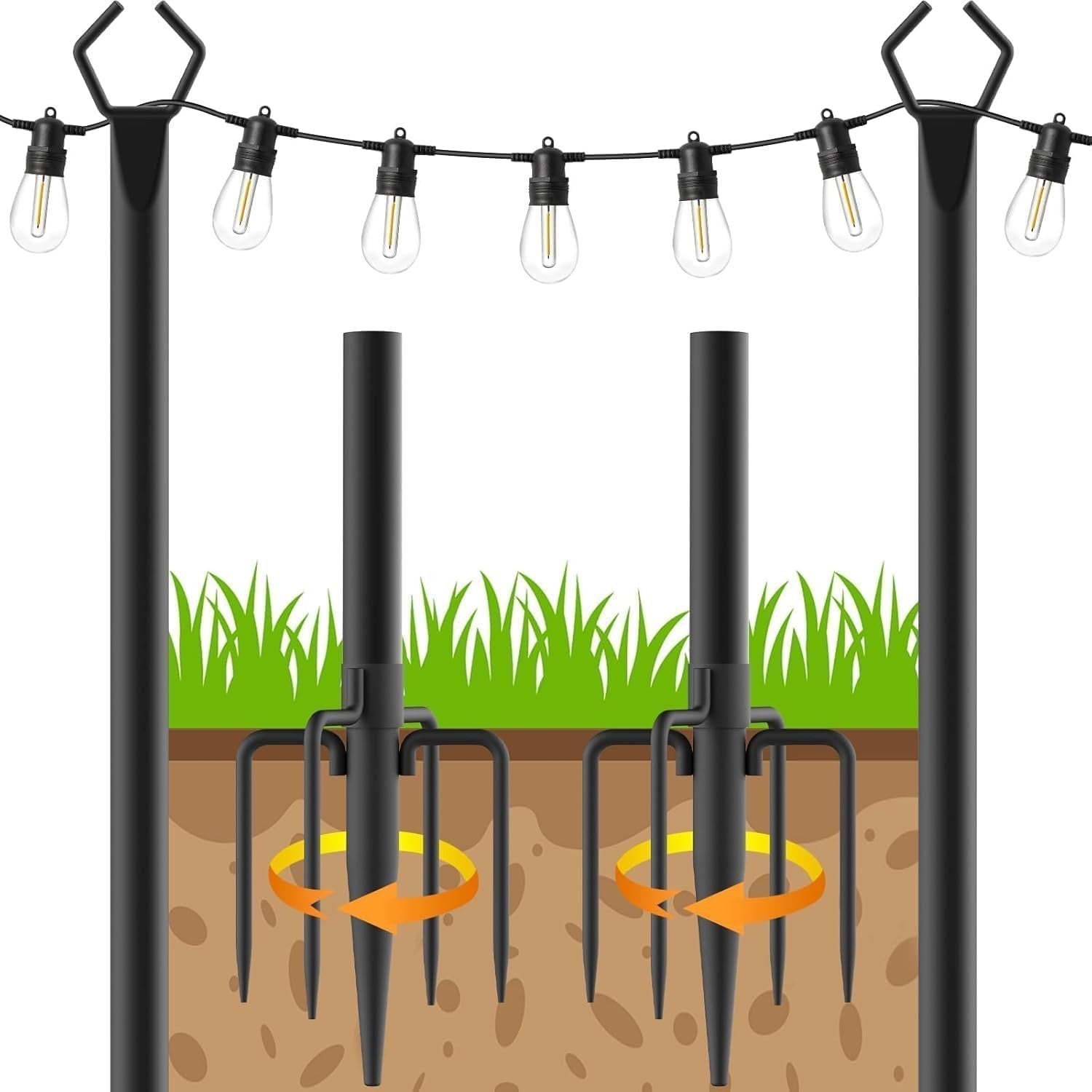 String Light Poles Outdoor 2 Pack 9.8FT Steel Garden Patio Deck Stand Black