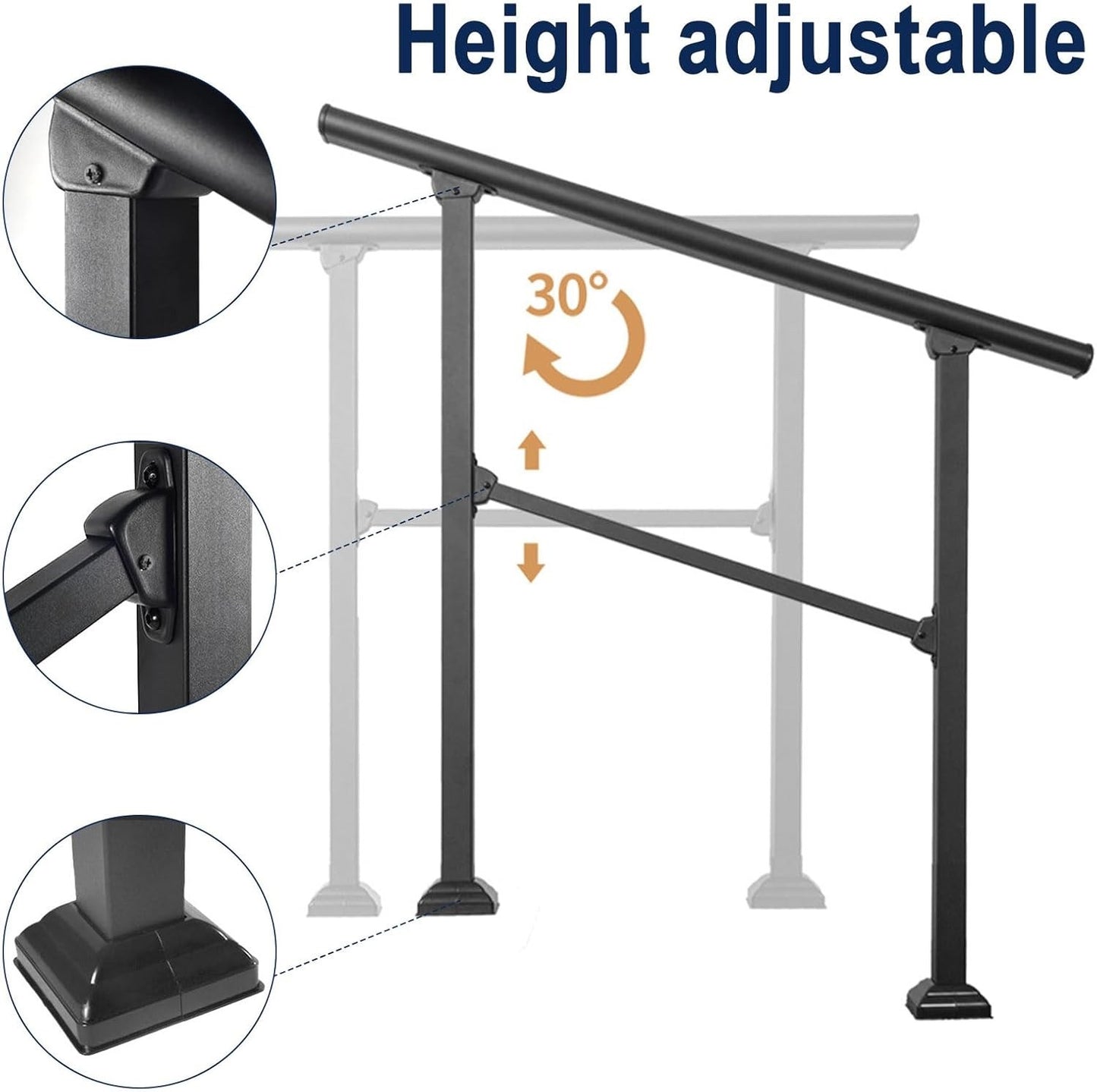Stair Handrail Outdoor Aluminium 0-3 Step Railing Wall Mount Black