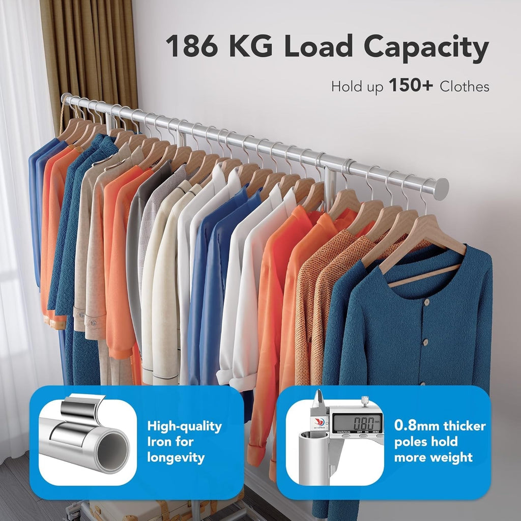 Heavy Duty Double Clothes Rail w/ Wheels 209kg Adjustable Mobile Rack