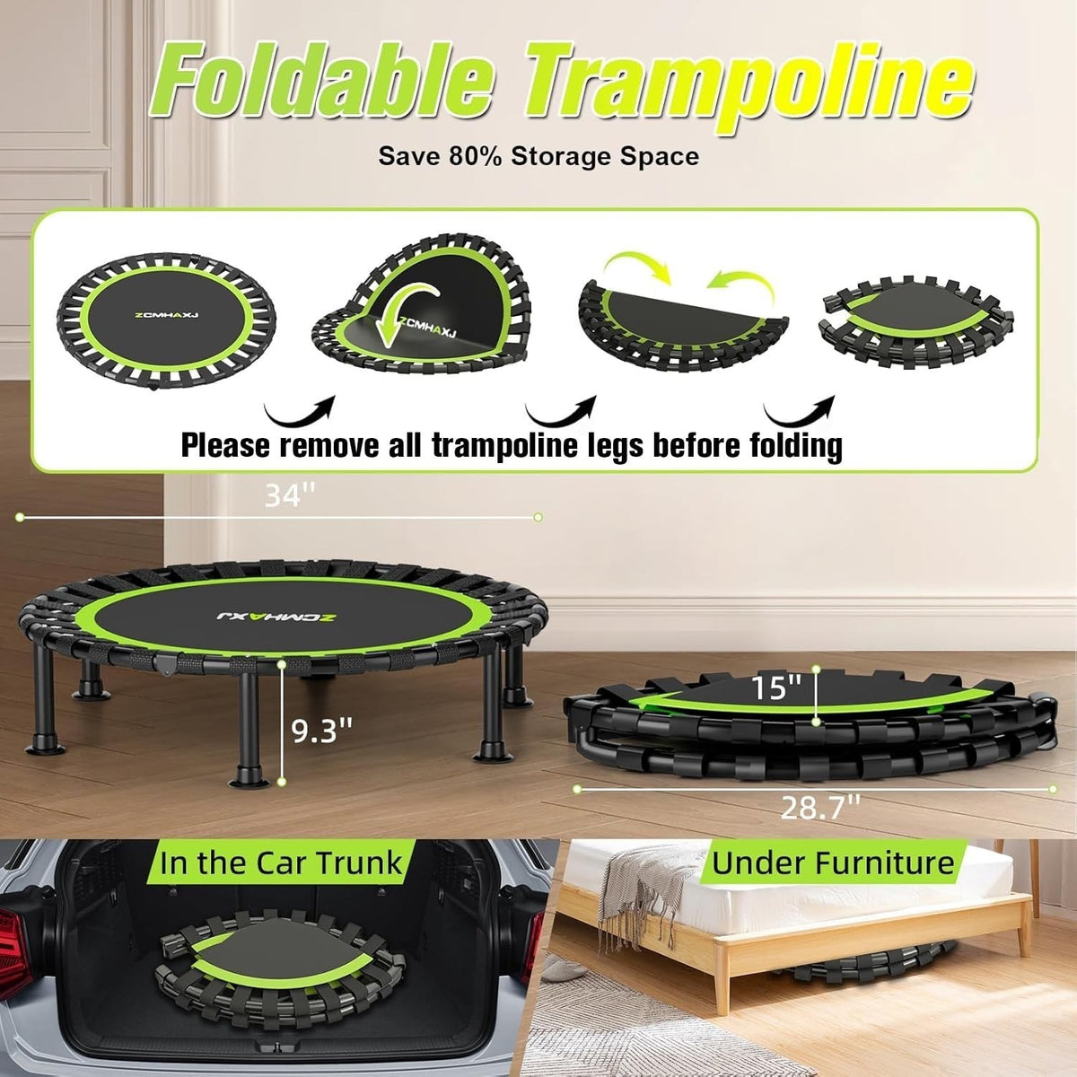 Foldable Mini Trampoline 40/48 Inch Rebounder Adults Kids Fitness Exercise Gym