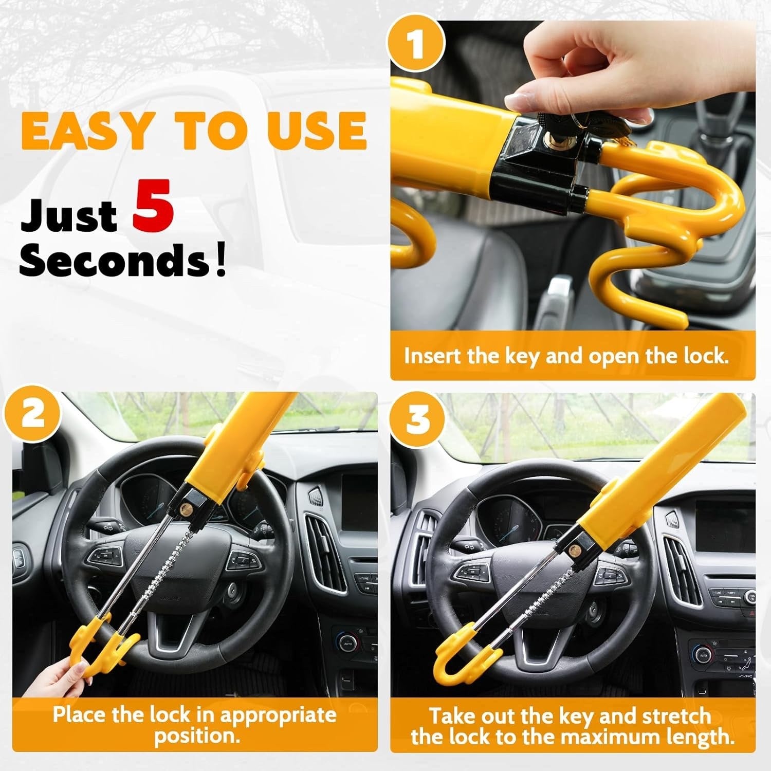 Steering Wheel Lock Heavy Duty Twin Bar Anti Theft Adjustable Universal 3 Keys