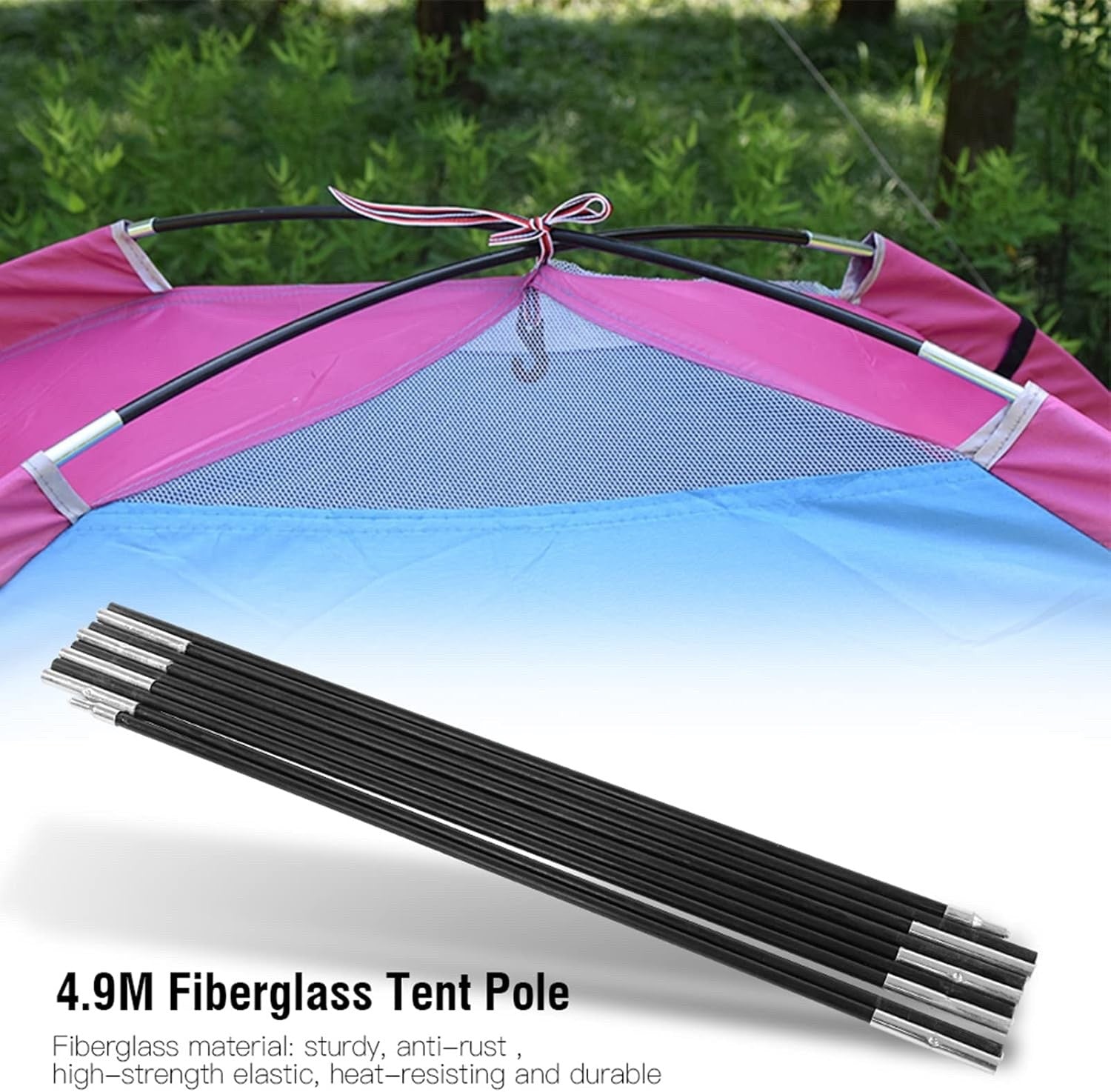Ejoyous Fiberglass Tent Poles 4.9M 9 Sections Awning Support Rods Camping Tarp