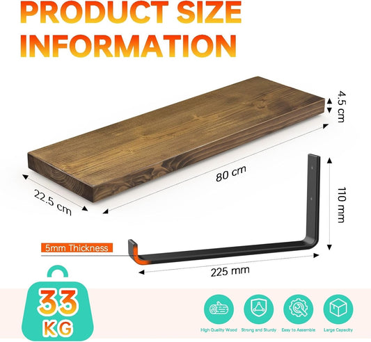Rustic Wooden Floating Shelf Wall Mounted Dark Brown Pine 80cm Black L Brackets