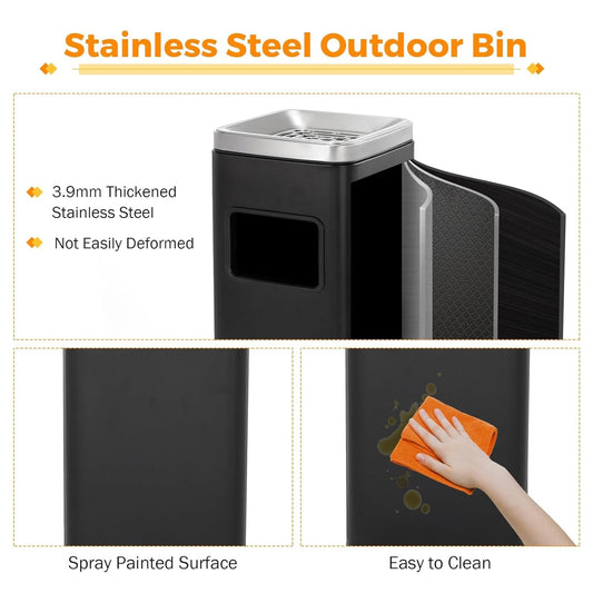 Outdoor Stainless Steel Trash Bin With Lid Commercial Garden Waste Can Black