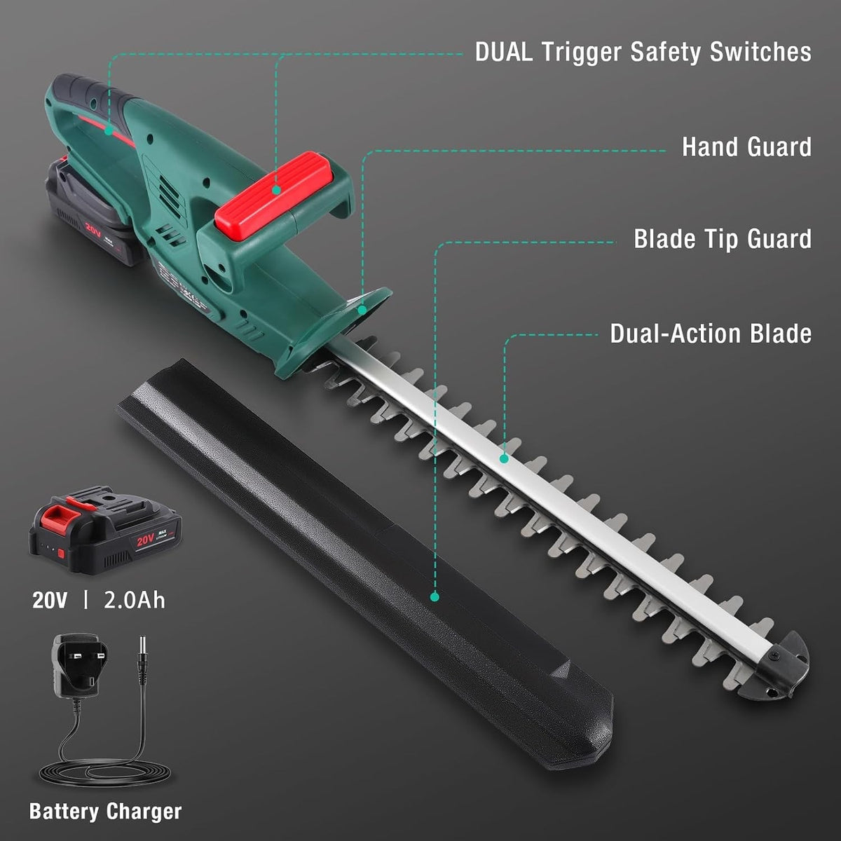 Cordless Hedge Trimmer Cutter 20V 45cm Dual Blade 2.0Ah Battery Garden 14mm