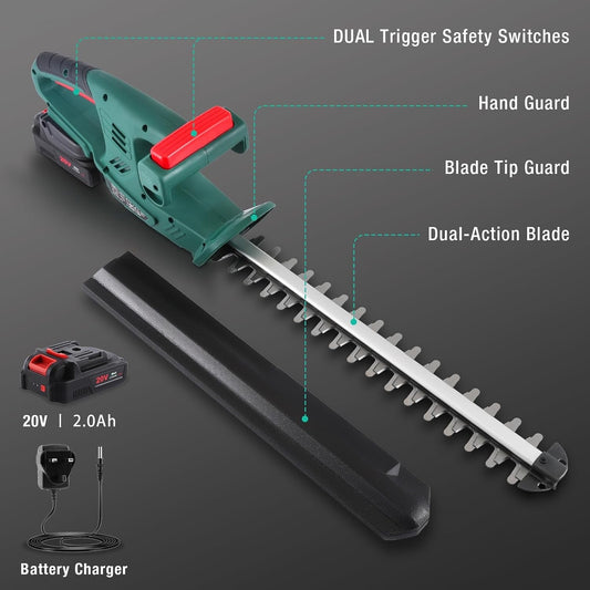 Cordless Hedge Trimmer Cutter 20V 45cm Dual Blade 2.0Ah Battery Garden 14mm