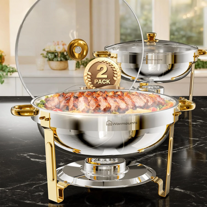 Chafing Dish Buffet Warmer 2 Pack 5L Round Stainless Steel Glass Lid Gold Set