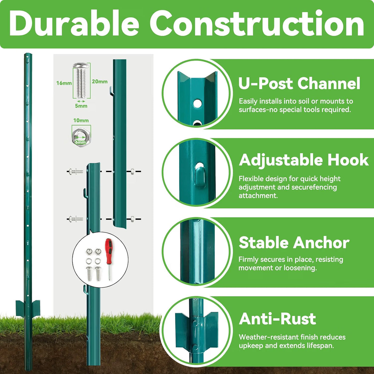 Fence Posts 7ft 213cm 7 Pack Metal U Channel Steel Garden Wire Mesh Green No Dig