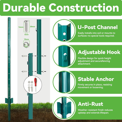 Fence Posts 7ft 213cm 7 Pack Metal U Channel Steel Garden Wire Mesh Green No Dig