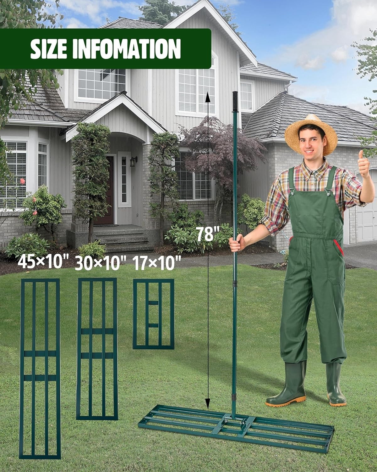 Signstek Stainless Steel Lawn Leveling Rake 45×10" Plate with Adjustable Handle