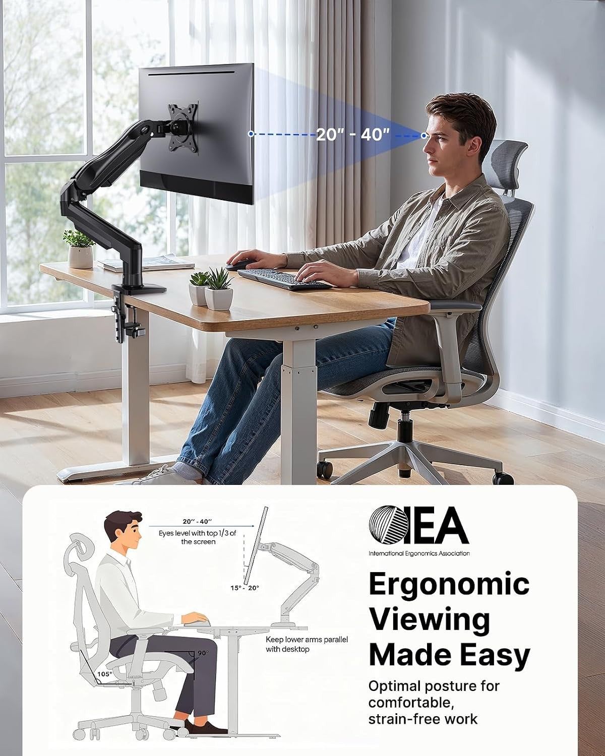 Monitor Stand Arm Desk Mount 13-32in Single Rotatable VESA Gas Spring Black