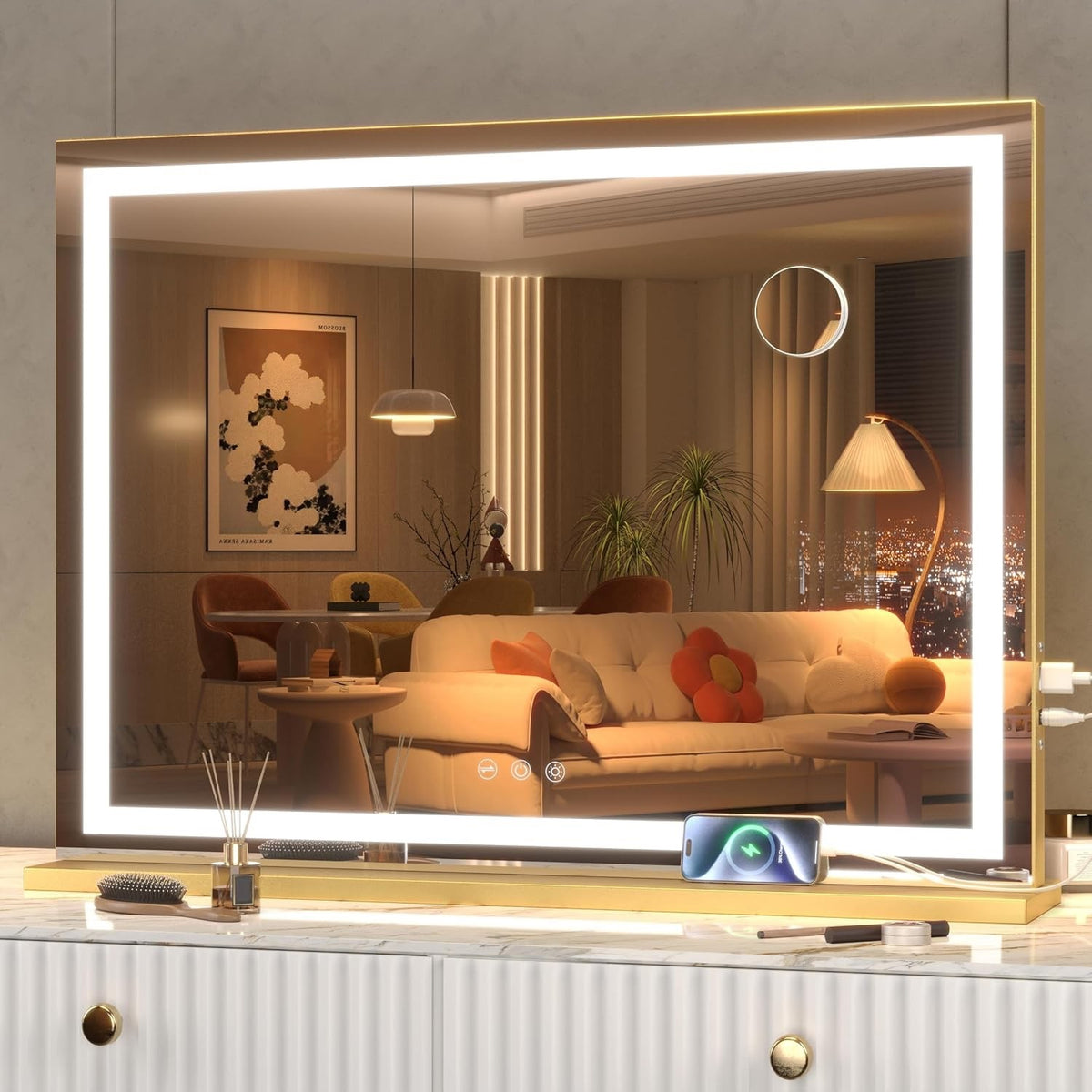 Vanity Makeup Mirror 23x18in LED 3 Light Modes Touch Control Gold Hasipu