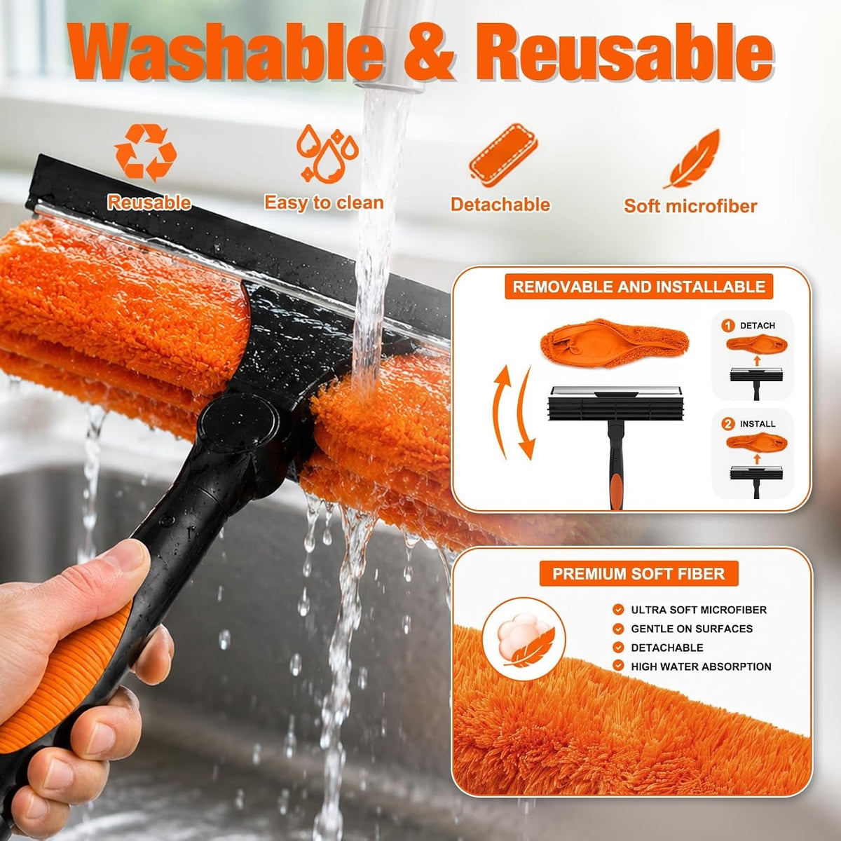 Window Cleaning Pole Telescopic 7.2m Extendable Squeegee 2 in 1 Microfibre Kit