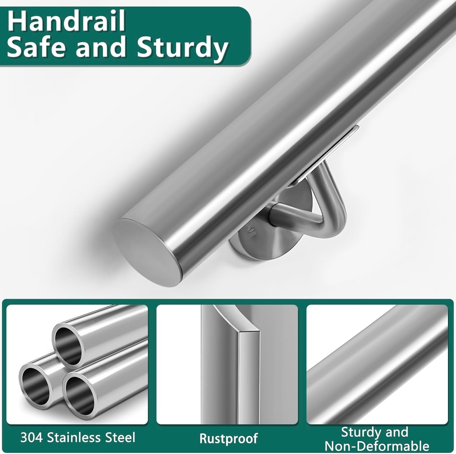 Stainless Steel Handrail 350cm Stair Banister Rail Wall Mount 6 Brackets Silver