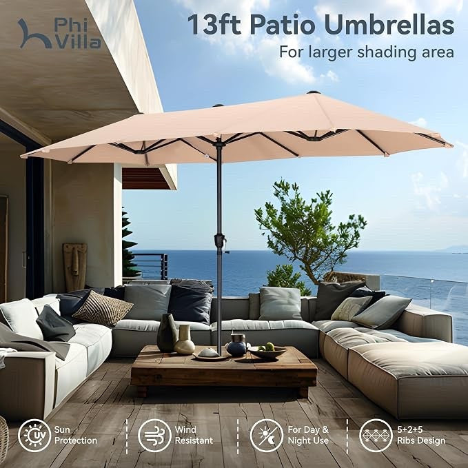 Large Garden Parasol 3.8m Double Patio Umbrella Beige Crank Outdoor Sun Shade