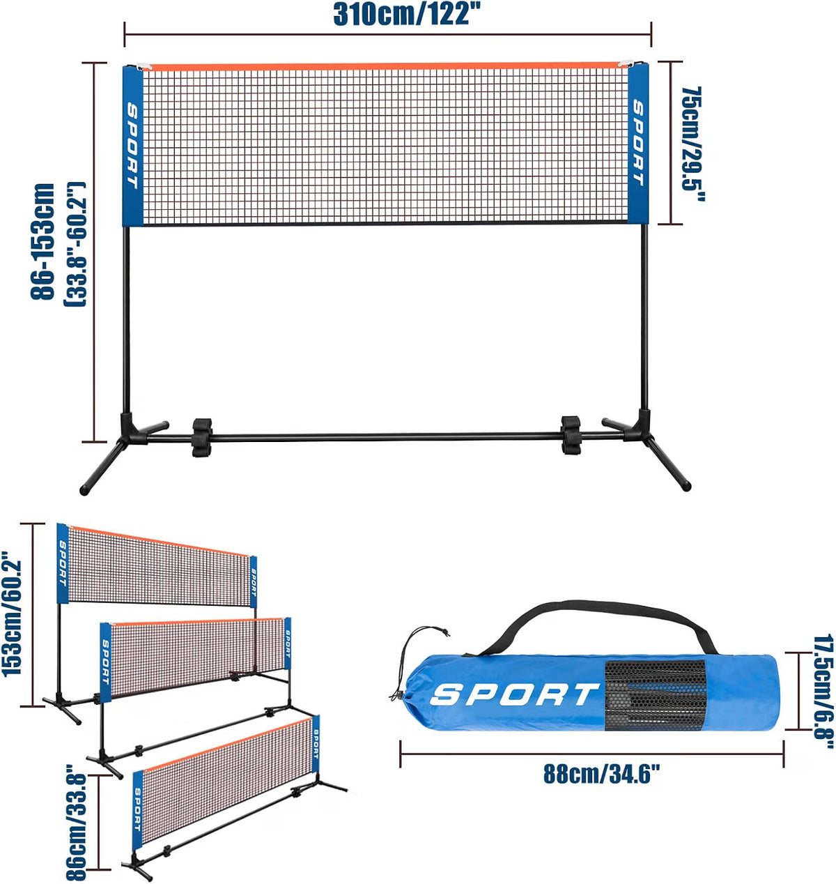 Badminton Net 3m Portable Adjustable 3-5m Pickleball Volleyball Tennis Carry Bag