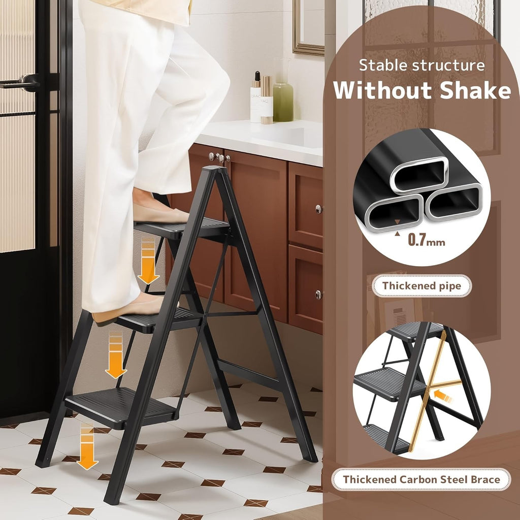 3 Step Folding Ladder Stool Adult Heavy Duty Widened Pedal Non-Slip Black