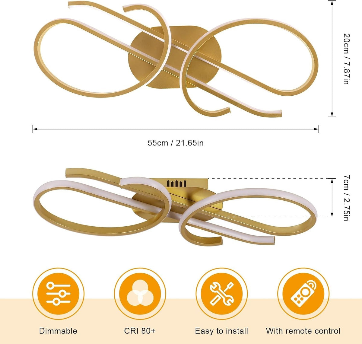 LED Ceiling Light Dimmable Remote 29W Gold 55x20cm Modern Music Design 3250LM