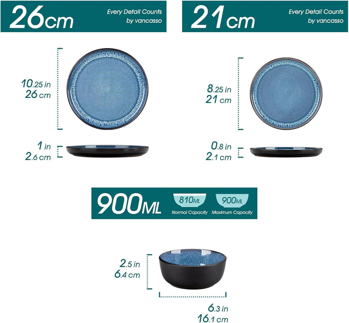 Ceramic Dinner Set Plates Bowls Blue Reactive Glaze Stoneware Tableware 17pc