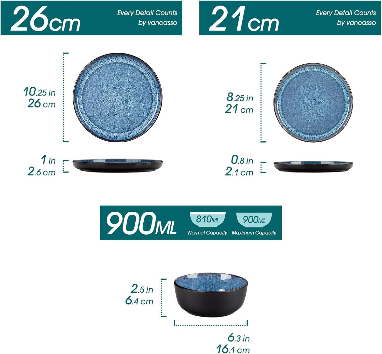 Ceramic Dinner Set Plates Bowls Blue Reactive Glaze Stoneware Tableware 17pc