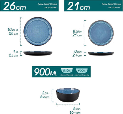 Ceramic Dinner Set Plates Bowls Blue Reactive Glaze Stoneware Tableware 17pc