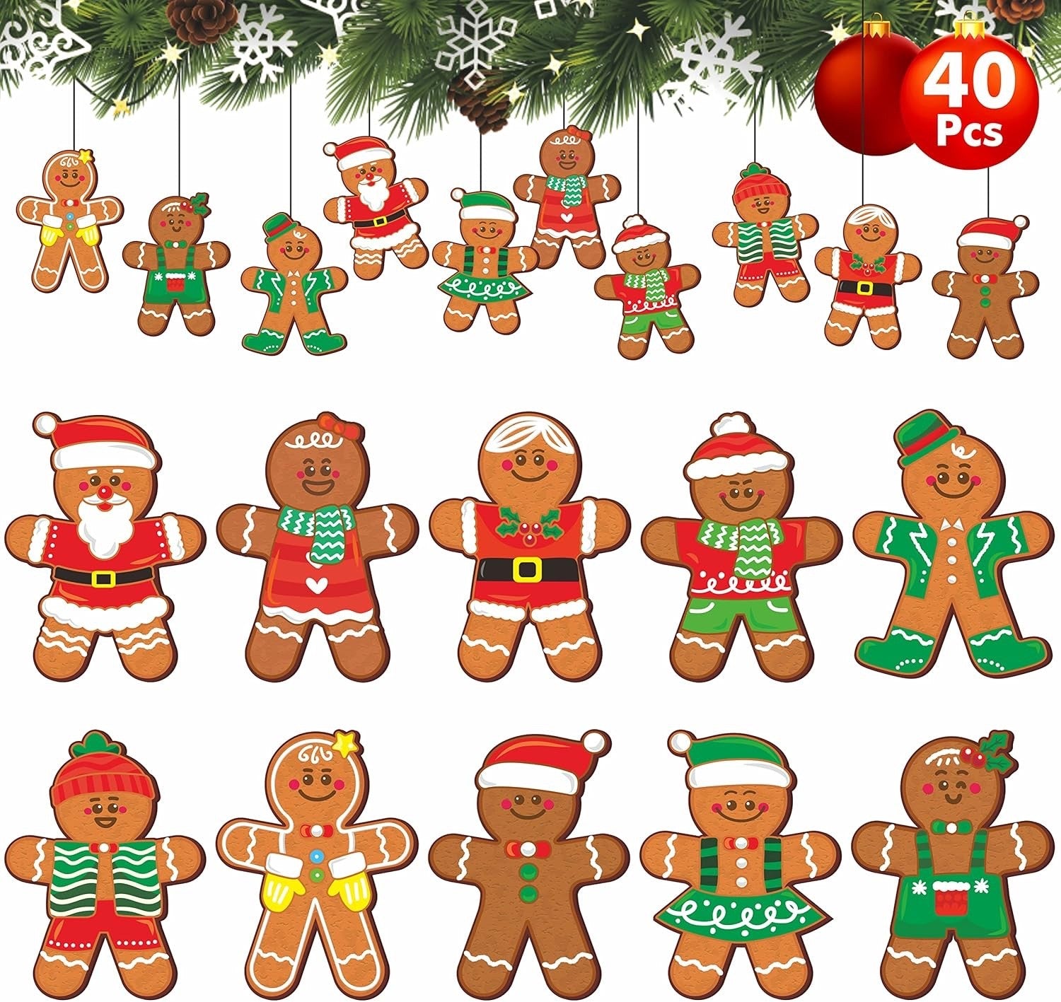 40 PCS Gingerbread Man Cutouts Double Sided Printing Large Christmas Decoration
