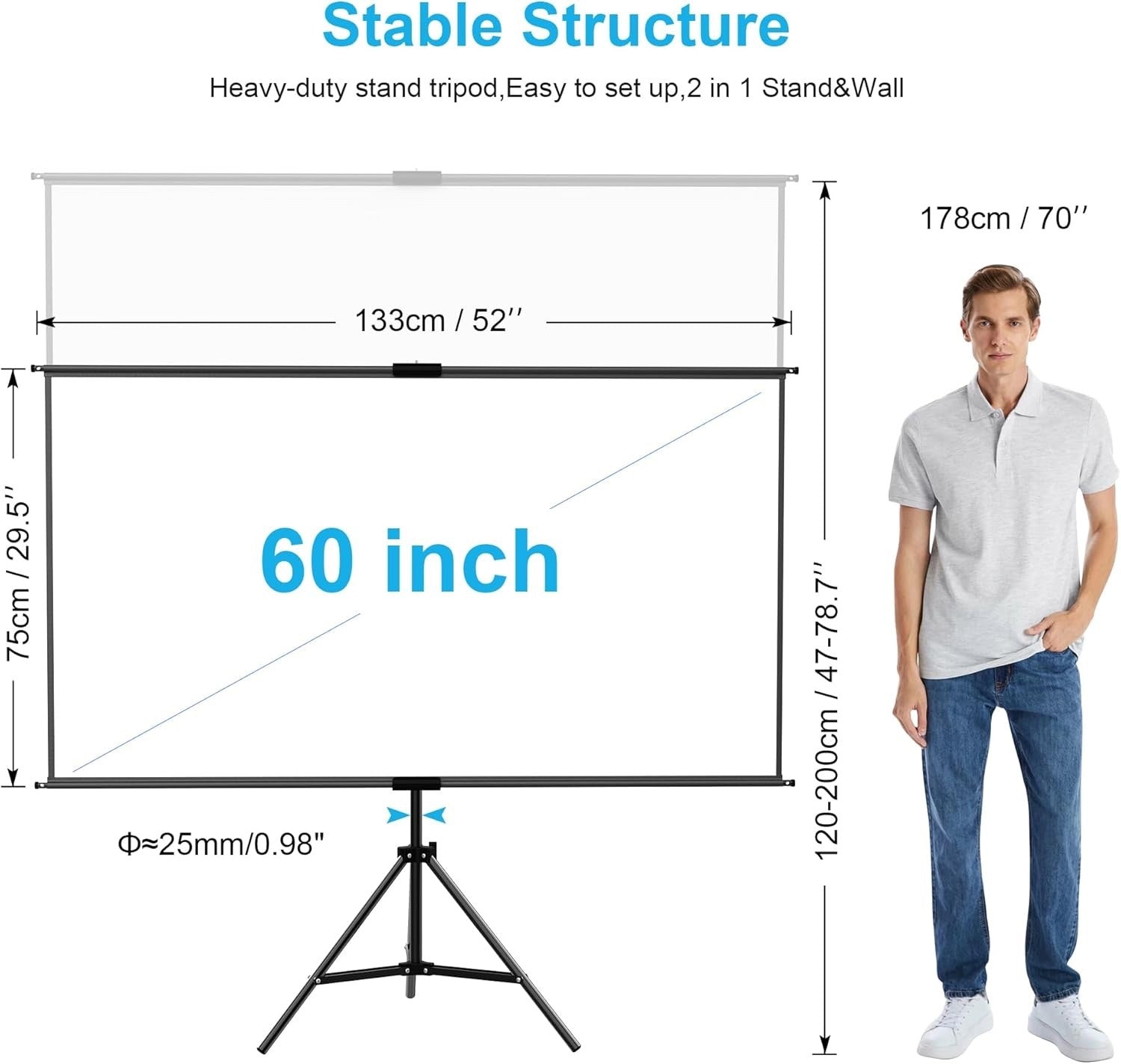 Projector Screen Tripod 60 Inch Portable Outdoor Indoor Adjustable Stand Cinema