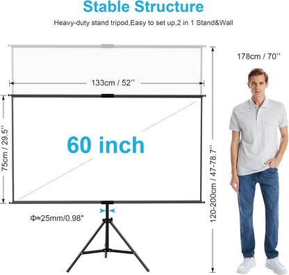Projector Screen Tripod 60 Inch Portable Outdoor Indoor Adjustable Stand Cinema