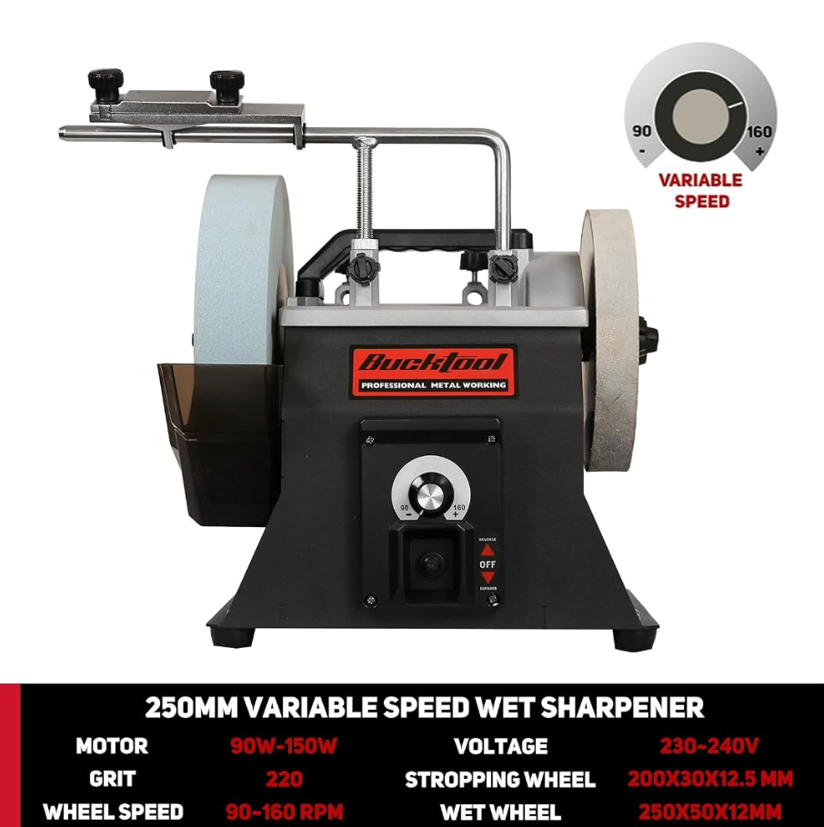 Wet Dry Bench Sharpener 250mm Variable Speed Water Cooled Grinder 90-160RPM