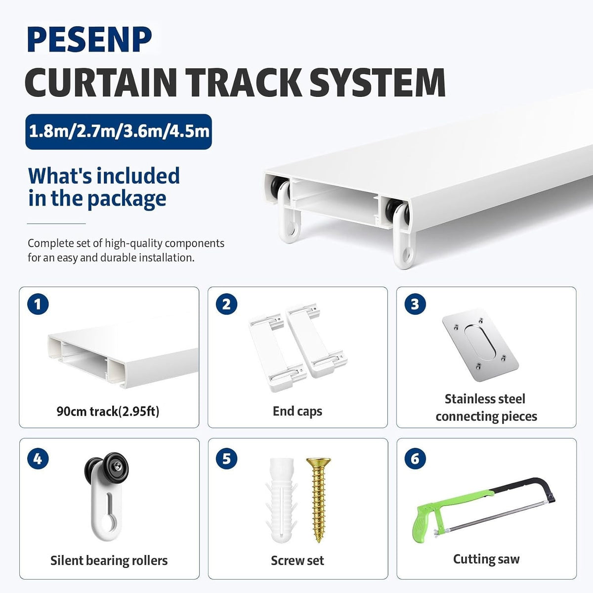 Curtain Track Double Ceiling 2.7m Aluminum Rail Silent Rollers White Heavy Duty