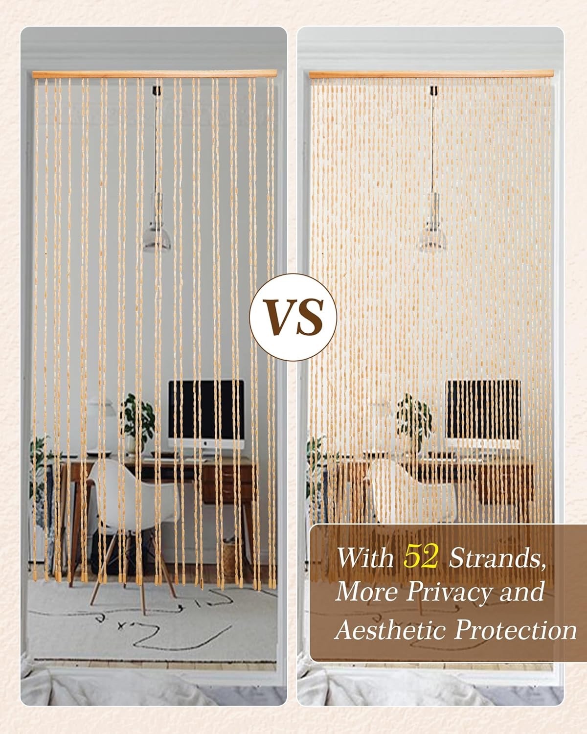 Bamboo Beaded Door Curtain 90x195cm 52 Strands Beige Wooden Fly Screen Doorway