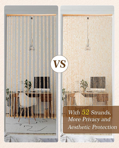 Bamboo Beaded Door Curtain 90x195cm 52 Strands Beige Wooden Fly Screen Doorway