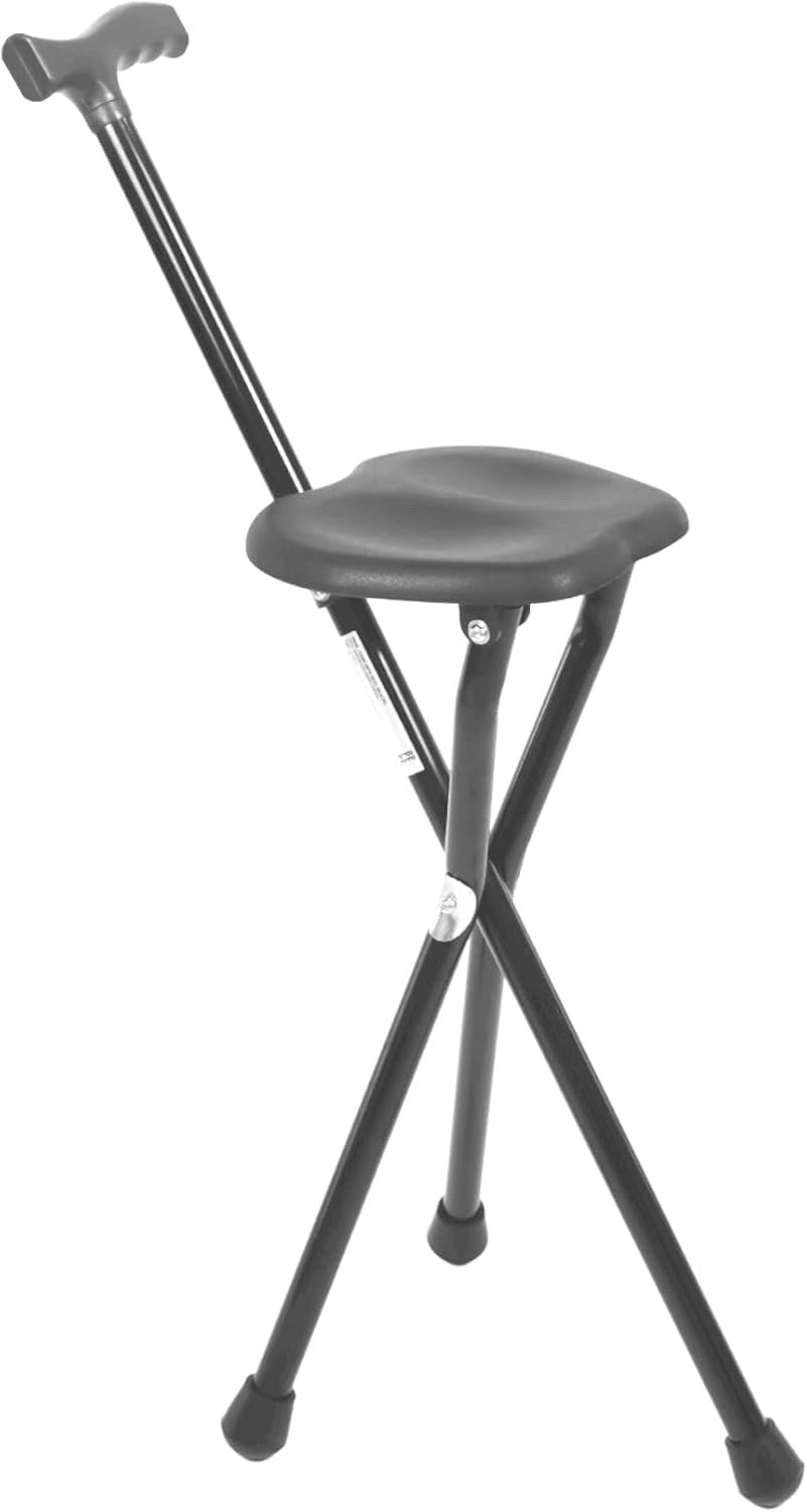 Walking Stick Seat Chair Folding Cane Aluminium 3 Leg Seniors 87cm Black 100kg