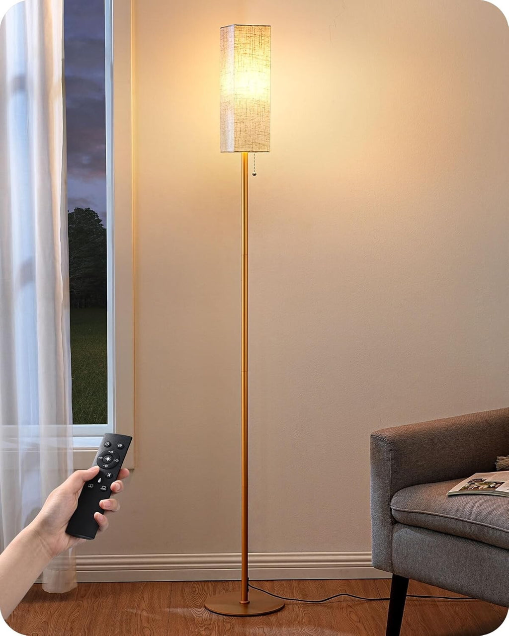 EDISHINE Floor Lamp Standing Lamp with Square Linen Lampshade Gold