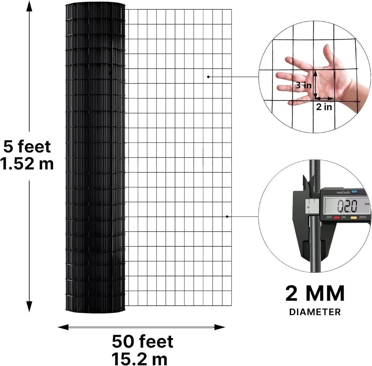 Garden Wire Mesh Fencing Roll 5ft x 50ft Black PVC Coated Steel 2mm Welded Fence