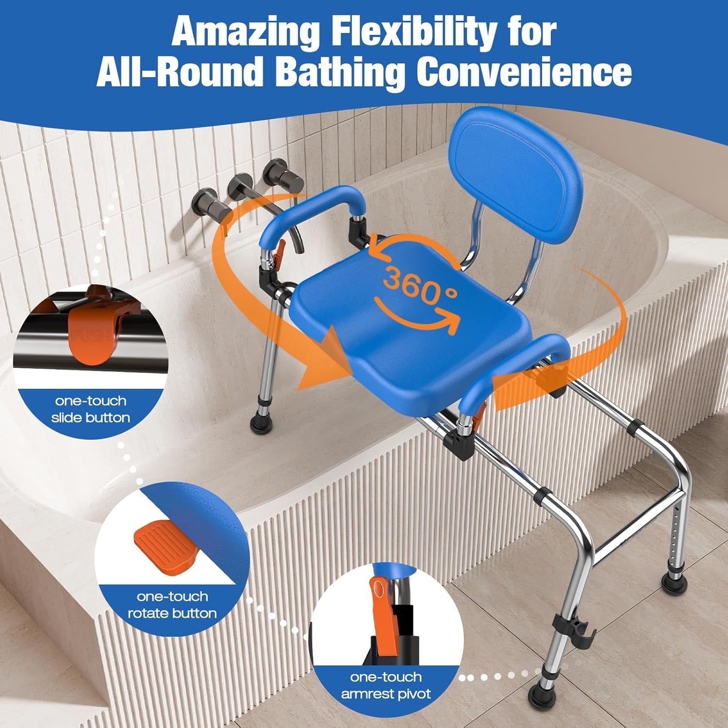 Sliding Shower Chair 360 Swivel Seat 204kg Adjustable Bath Transfer Bench Blue