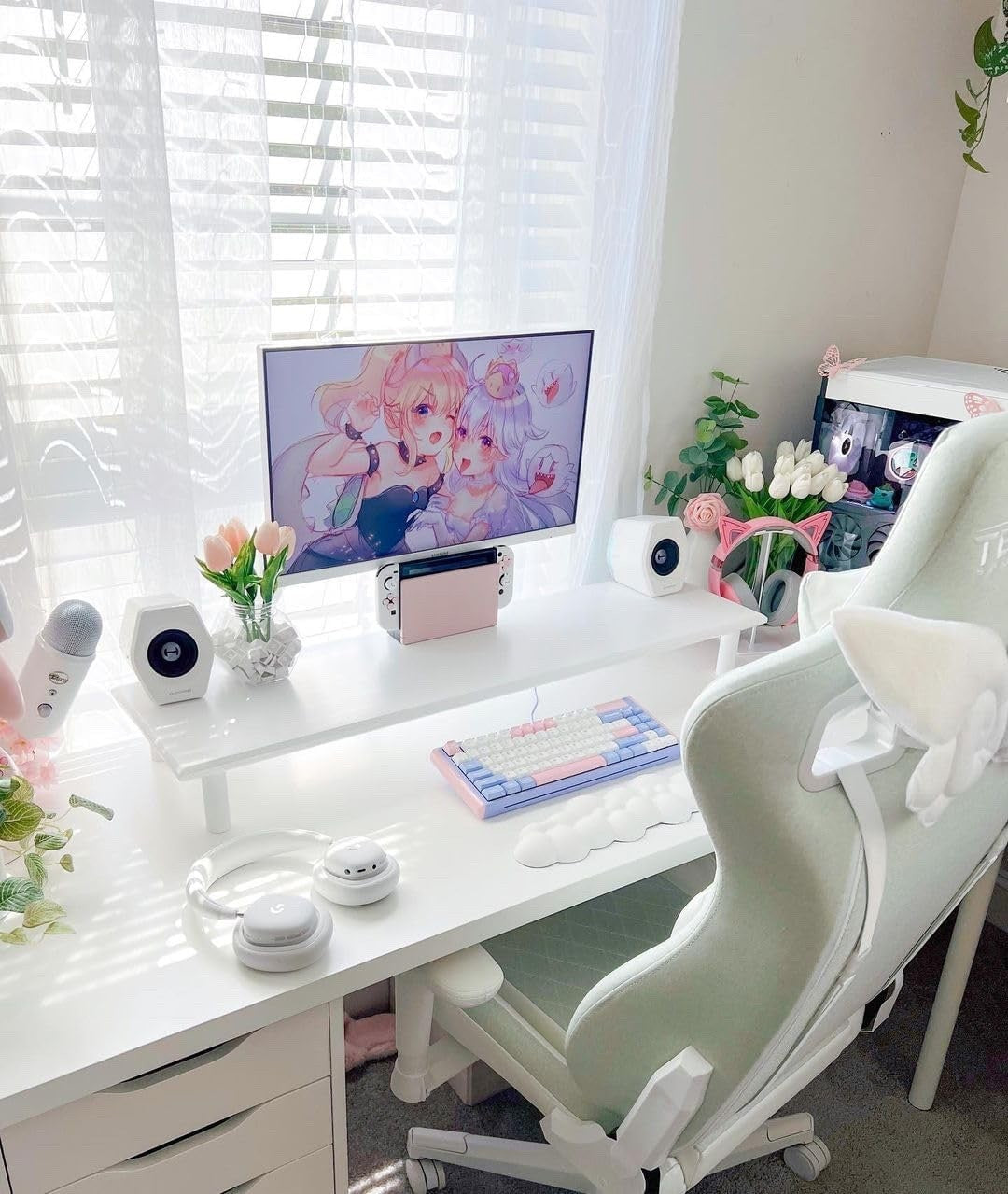 Dual Monitor Stand Riser Bamboo Desk Shelf White Heavy Duty 130lb Storage