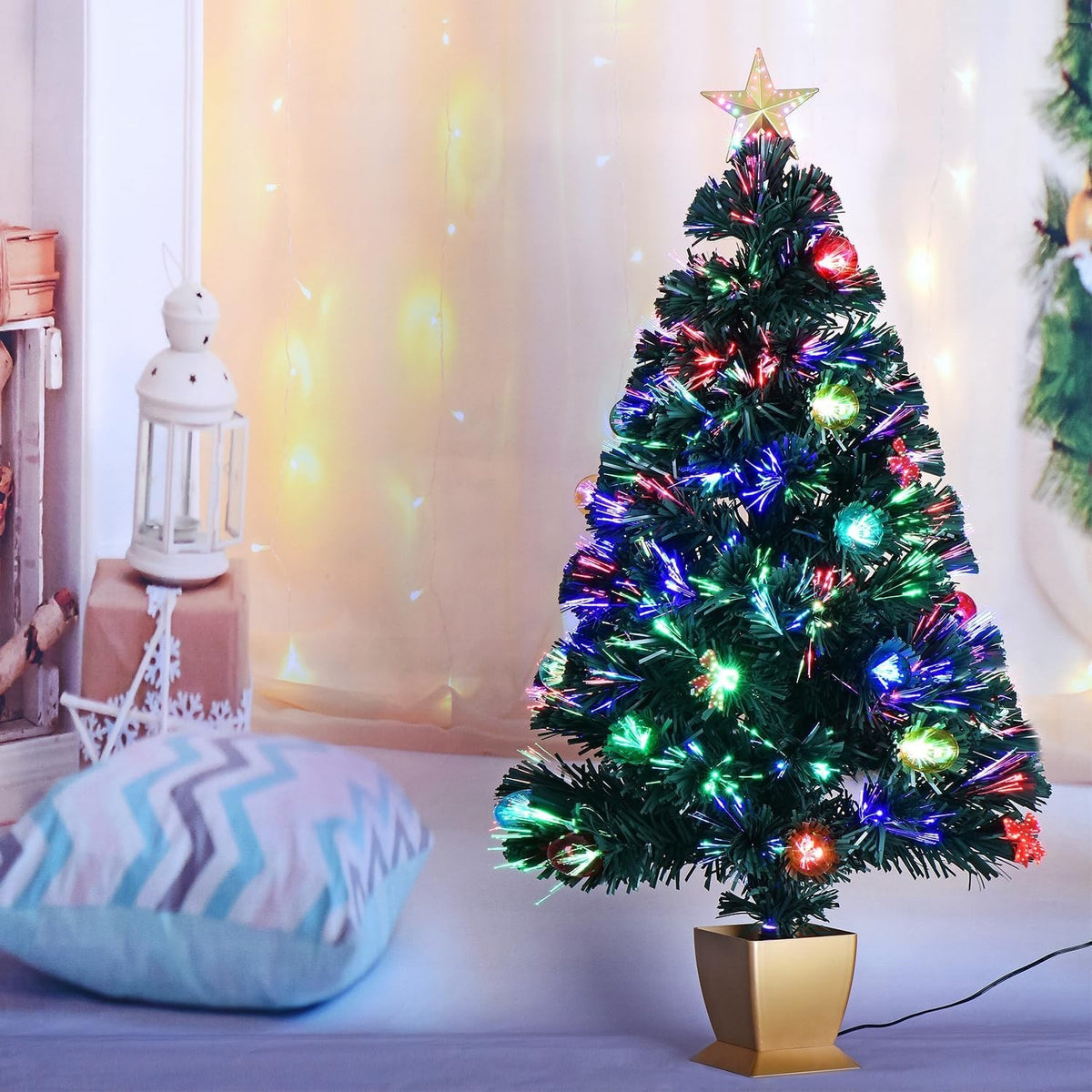 3FT Fiber Optic Christmas Tree Mini Prelit Tabletop Tree LED Star Decor Green