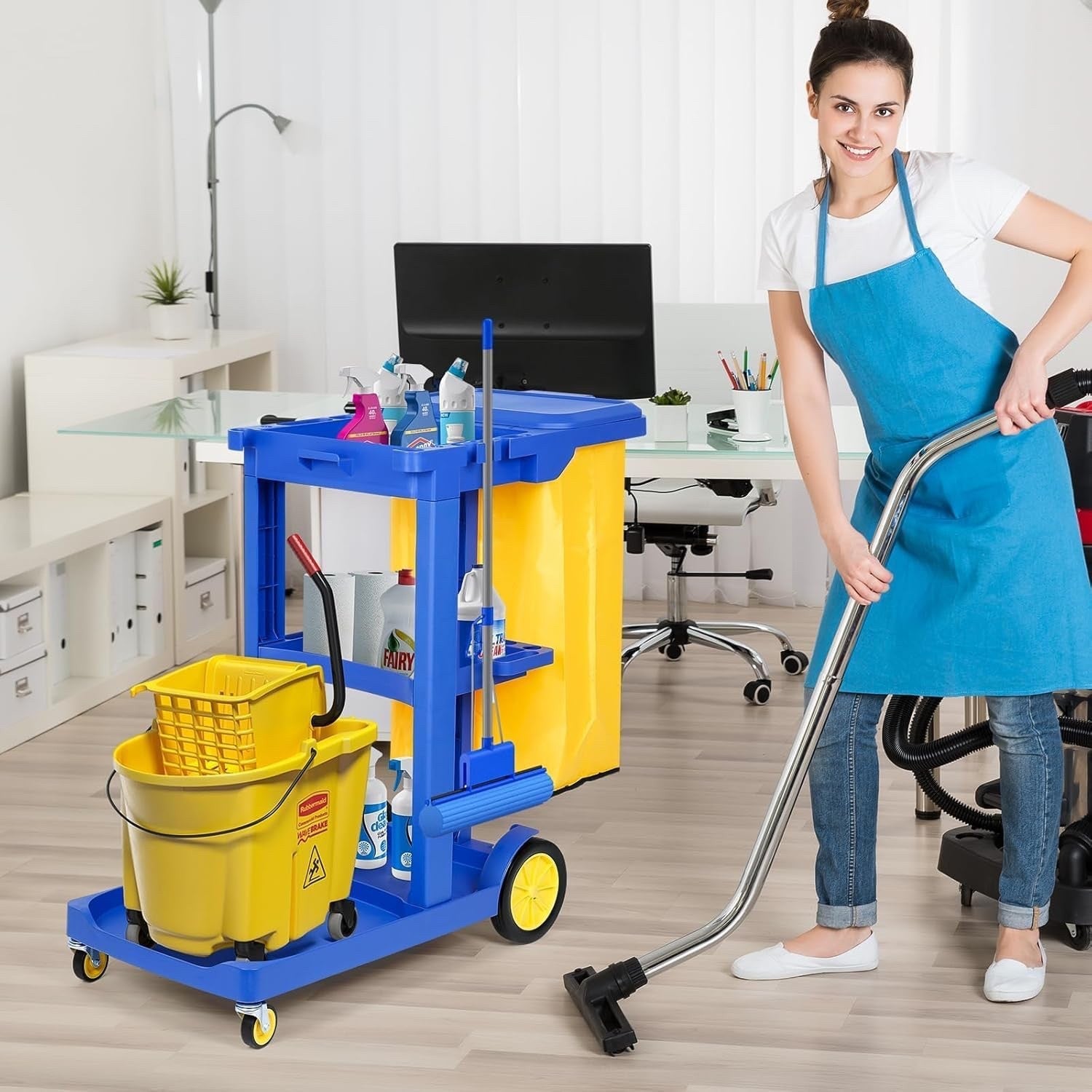 Heavy Duty Janitorial Cleaning Trolley Cart 3 Tier with Vinyl Bag Wheels Blue