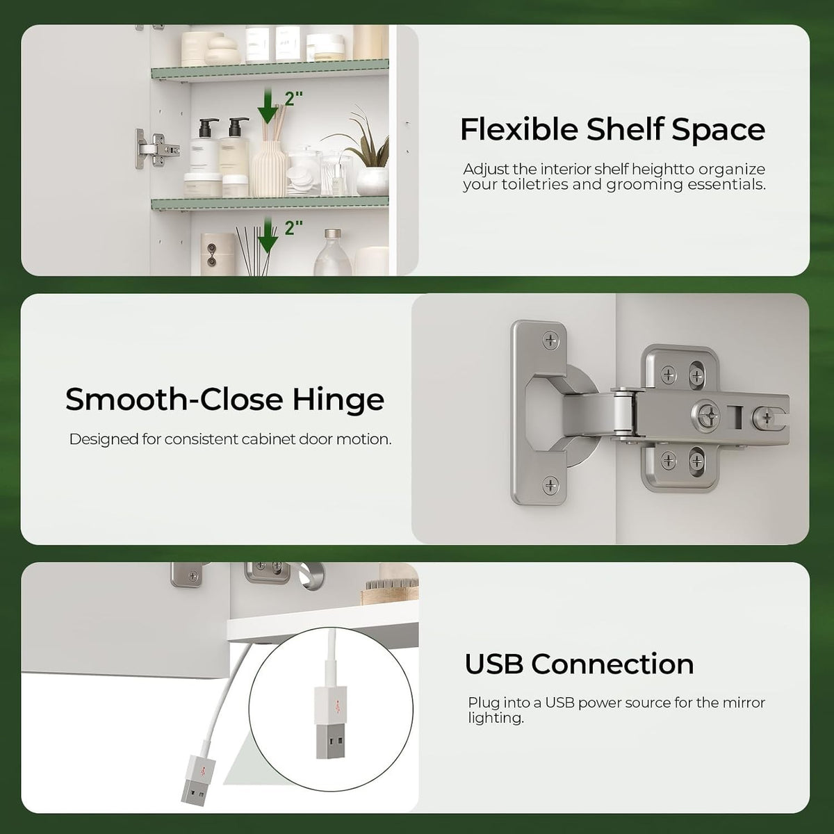 Bathroom Mirror Cabinet LED Lighted Wall Mounted 45cm 3 Colour Touch USB White