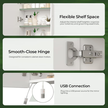 Bathroom Mirror Cabinet LED Lighted Wall Mounted 45cm 3 Colour Touch USB White