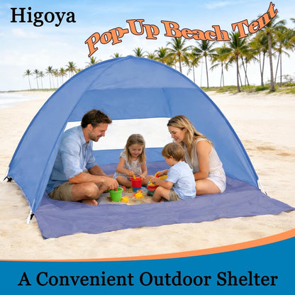 Pop Up Beach Tent 3-4 Person UPF 50+ Waterproof Portable Sun Shelter Large Blue