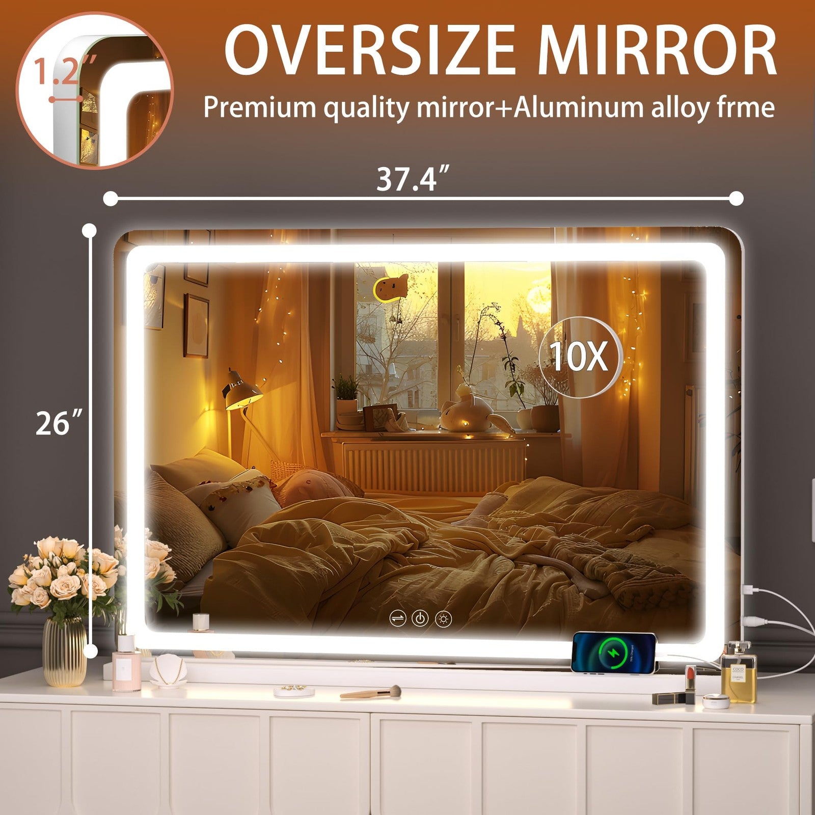 Hasipu LED Vanity Mirror 95x65cm Lighted Makeup Mirror 3 Mode Dimmable Touch