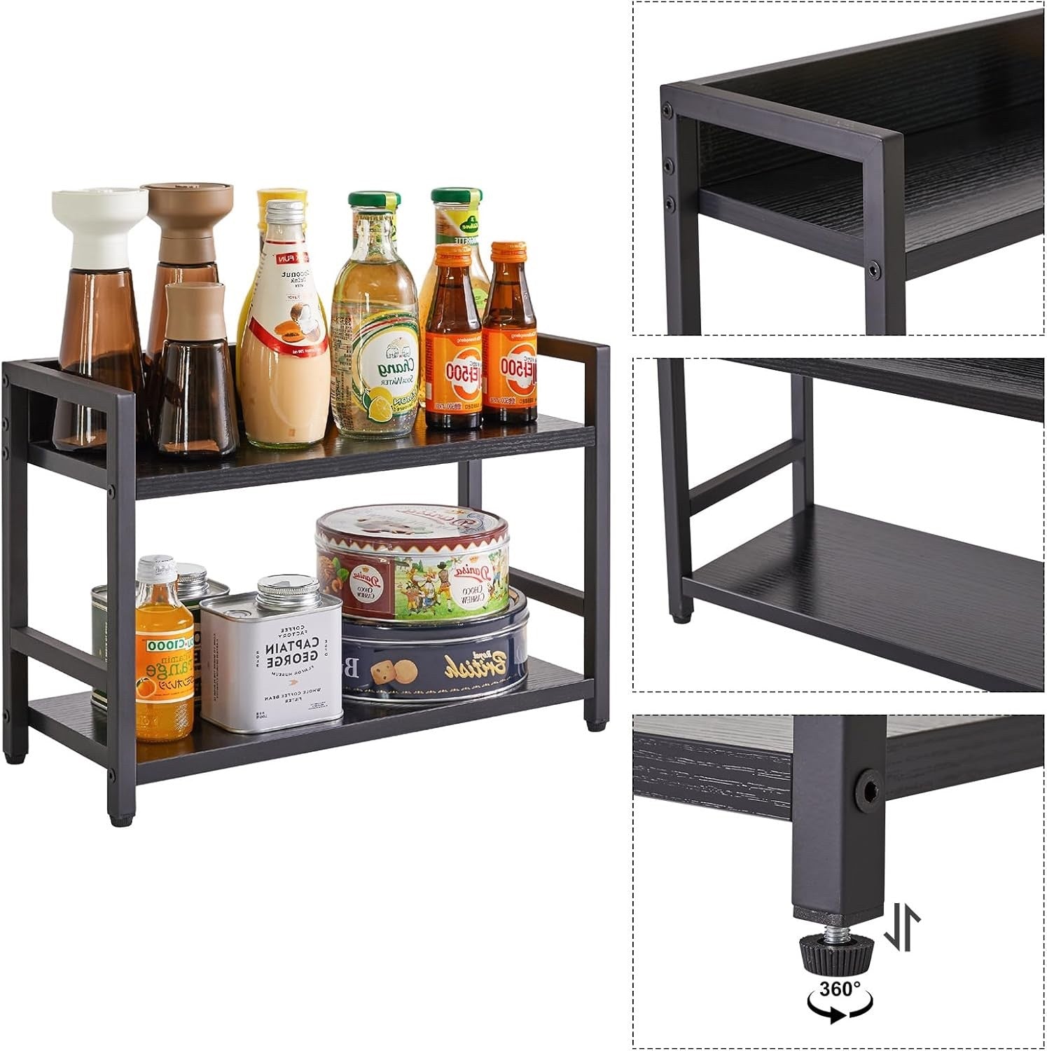 Spice Rack Organizer Countertop 2 Tier Kitchen Storage Shelf Black Industrial