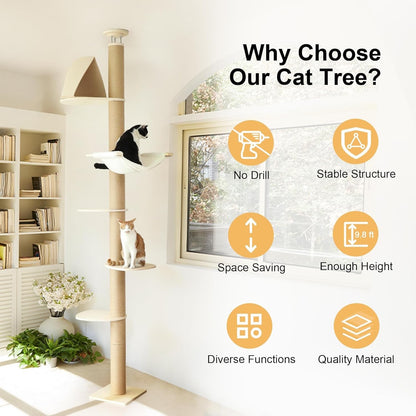 Cat Tree Floor Ceiling 6 Level Adjustable Climbing Scratching Beige AT11-1