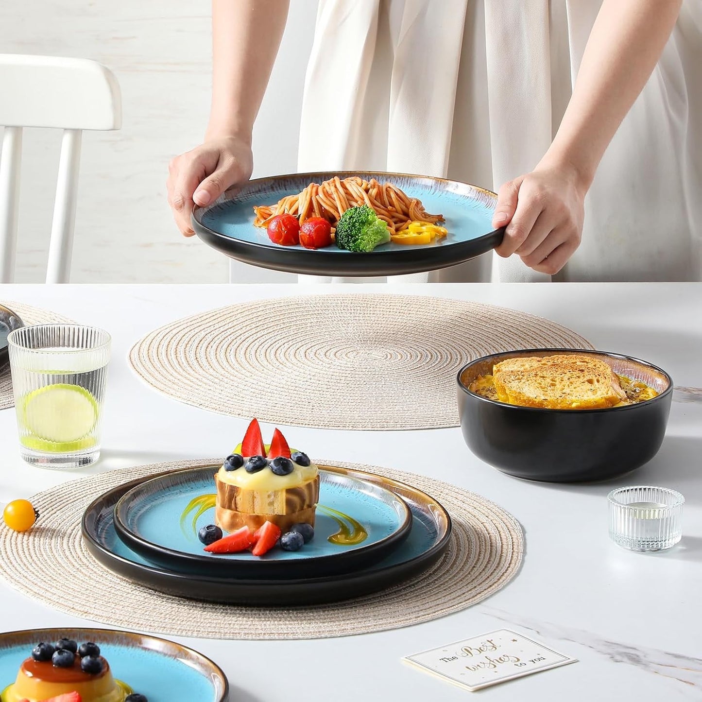Dinner Set Stoneware 15 Piece Reactive Glaze Plates Bowls Blue Service
