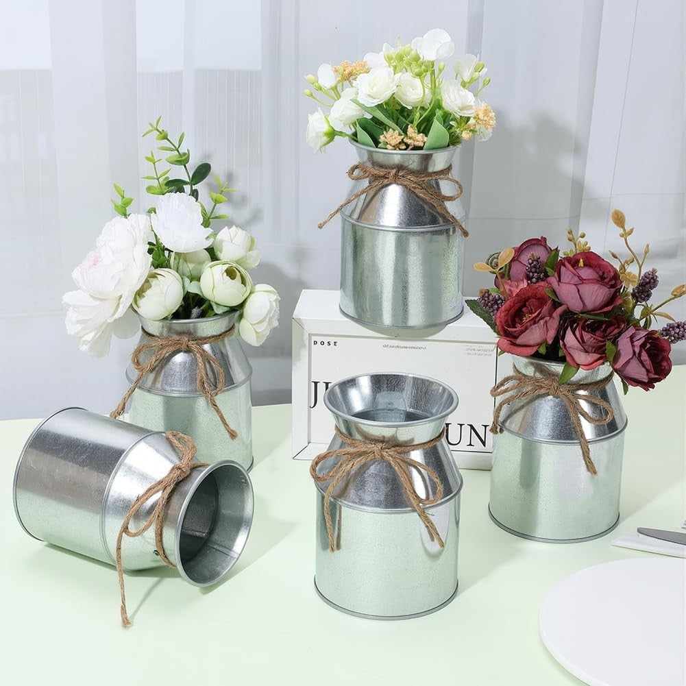 Flower Vases Metal Milk Cans 12 Pack Silver Rustic Galvanised Wedding Table