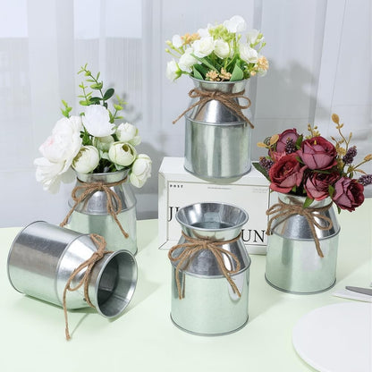 Flower Vases Metal Milk Cans 12 Pack Silver Rustic Galvanised Wedding Table