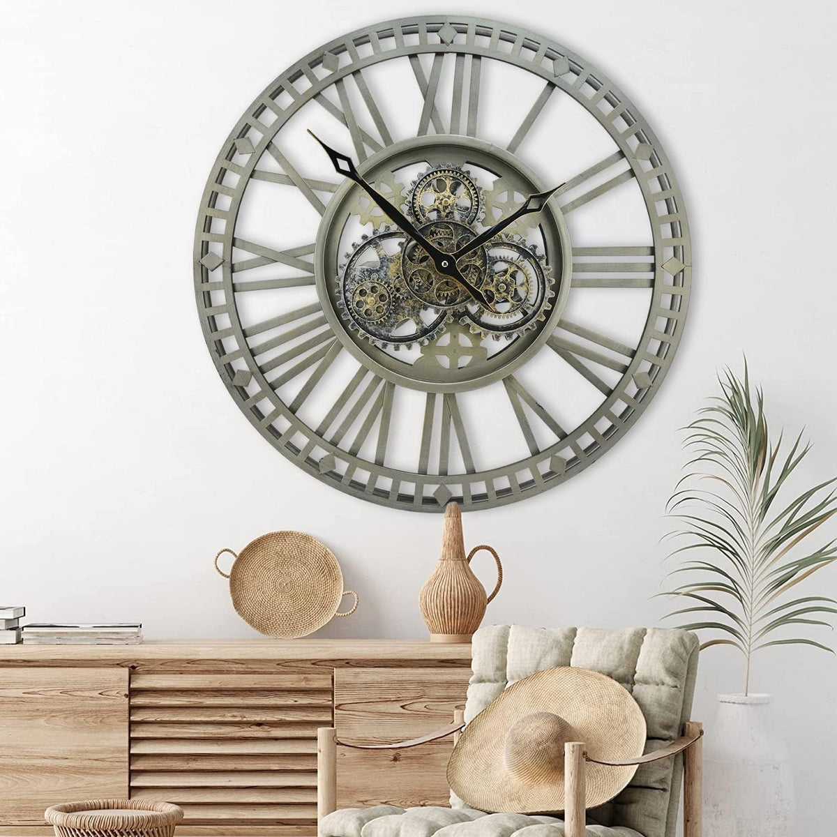 Wall Clock Oversized Industrial Steampunk 60CM Vintage Bronze Moving Gears Roman